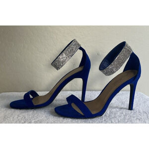 Anne Michelle Size 8 Royal Blue Faux Diamonds Open Toe High Heels Ankle Strap